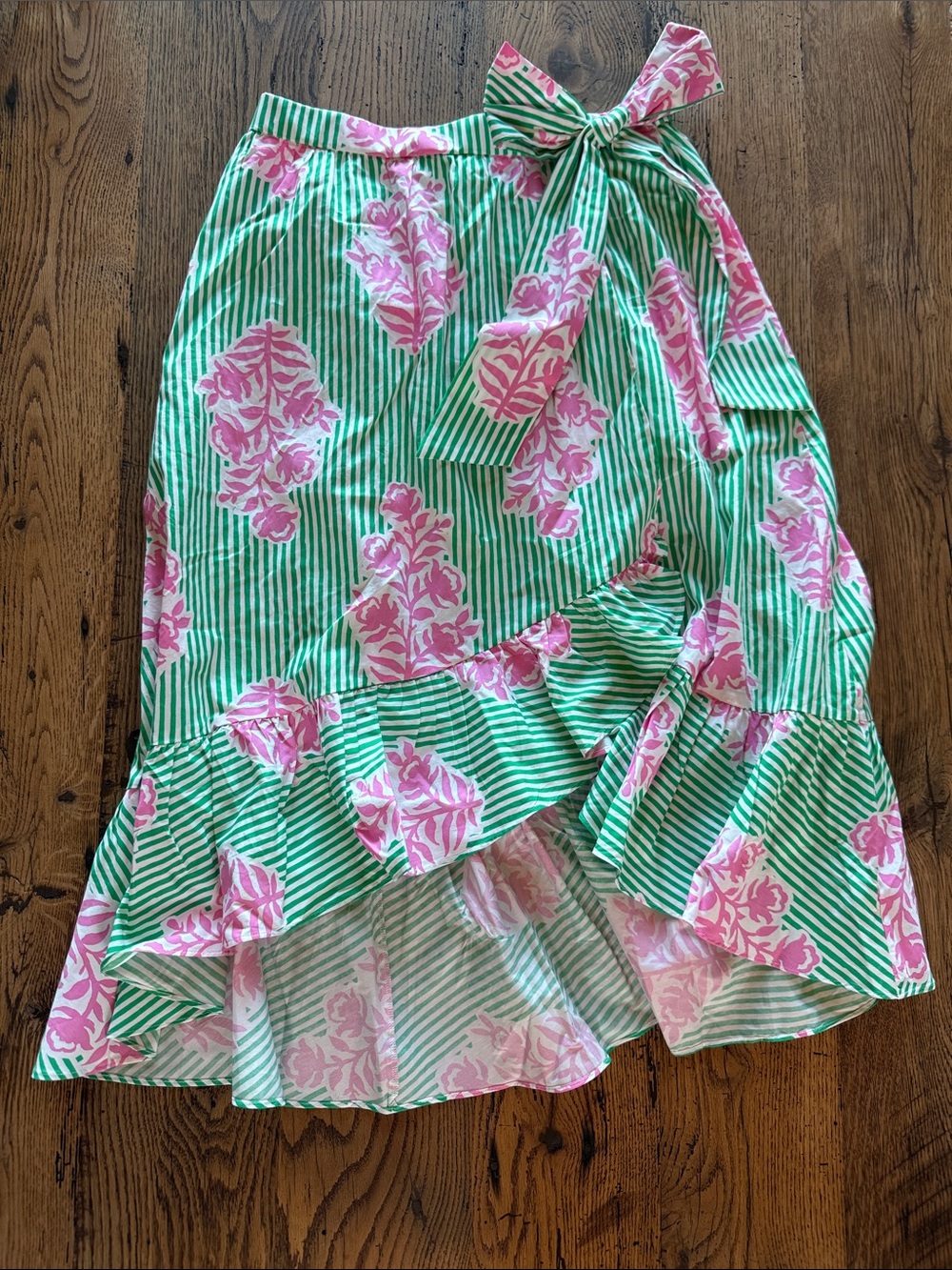 J. Crew Pink Floral on Green Striped High-Low Wrap Skirt